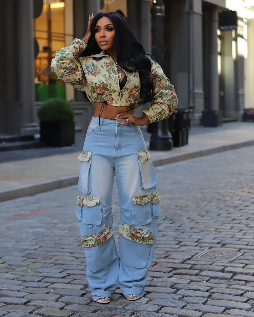 Floral Bomber Crop Jacket & Cargo Patchwork Wide-Leg Jean Set