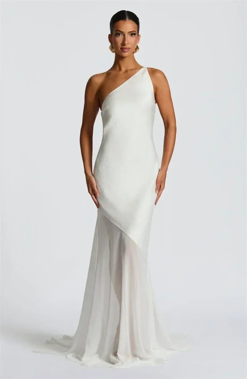 Mozision One Shoulder Backless Sexy Maxi Dress Women Gown Fashion Patchwork Sleeveless Bodycon Club Party Long Dress Elegant