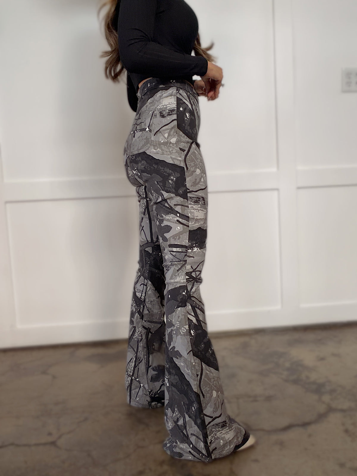 Fiona High Waisted Bell Bottom Flare Jeans - Storm Grey Camo