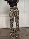 Fiona High Waisted Bell Bottom Flare Jeans - Moss Brown Camo
