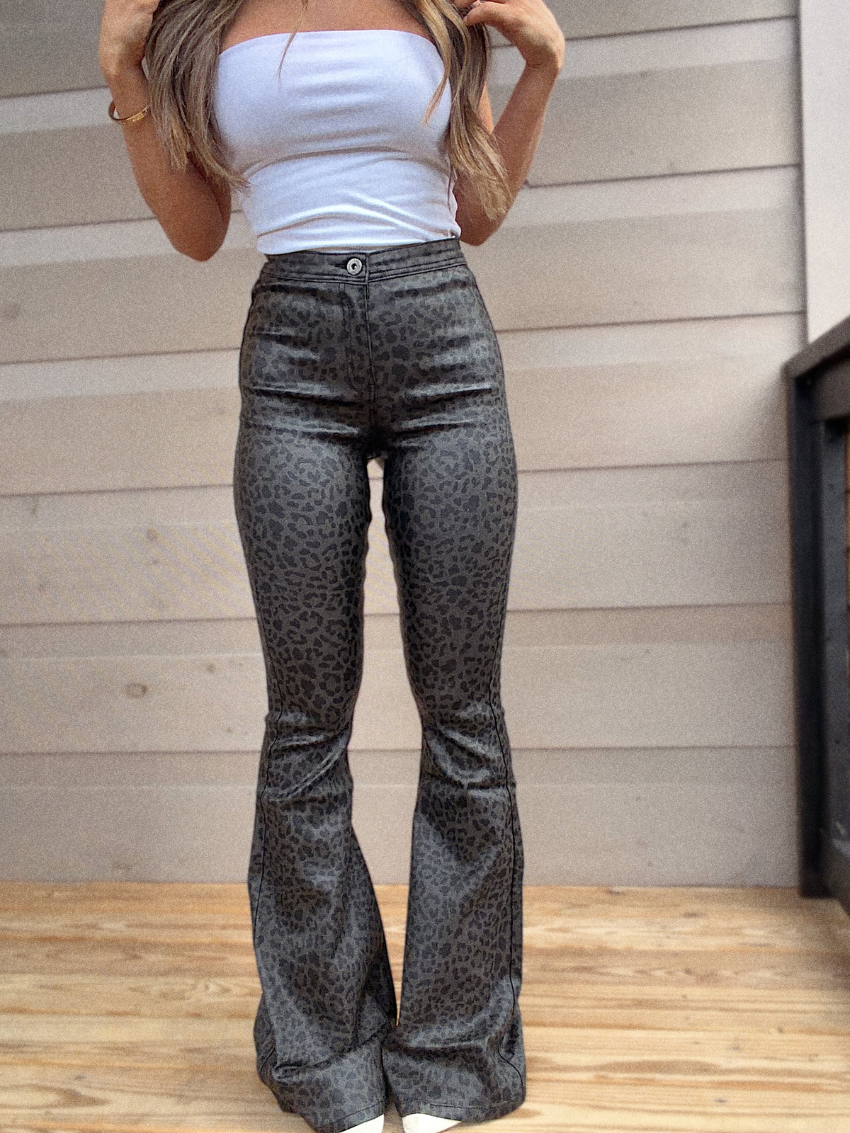 Fiona Leather Leopard High Waisted Bell Bottom Flare Jeans - Black Midnight Leopard