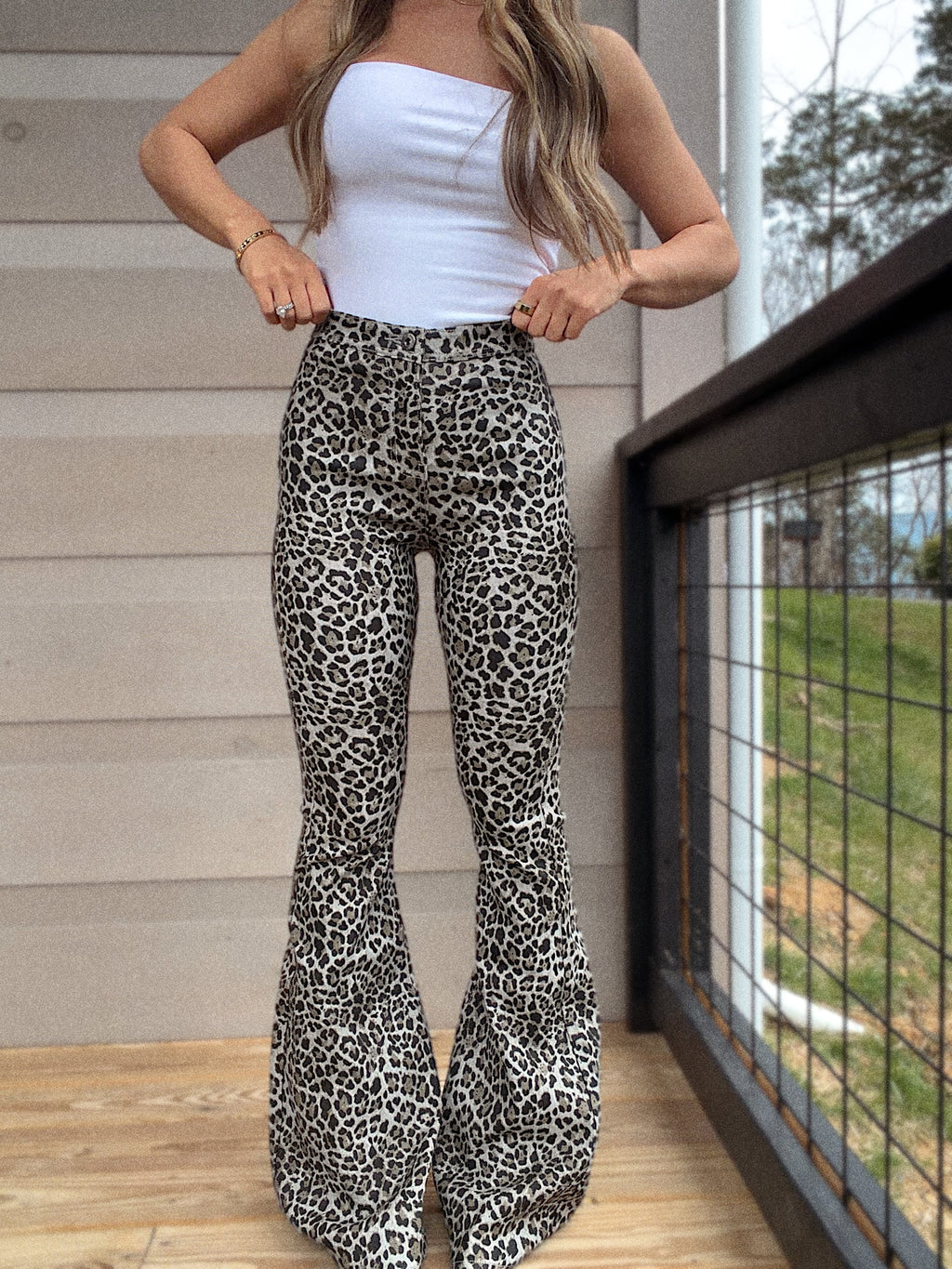 Fiona Leather Leopard High Waisted Bell Bottom Flare Jeans - Grey Moonstone Leopard