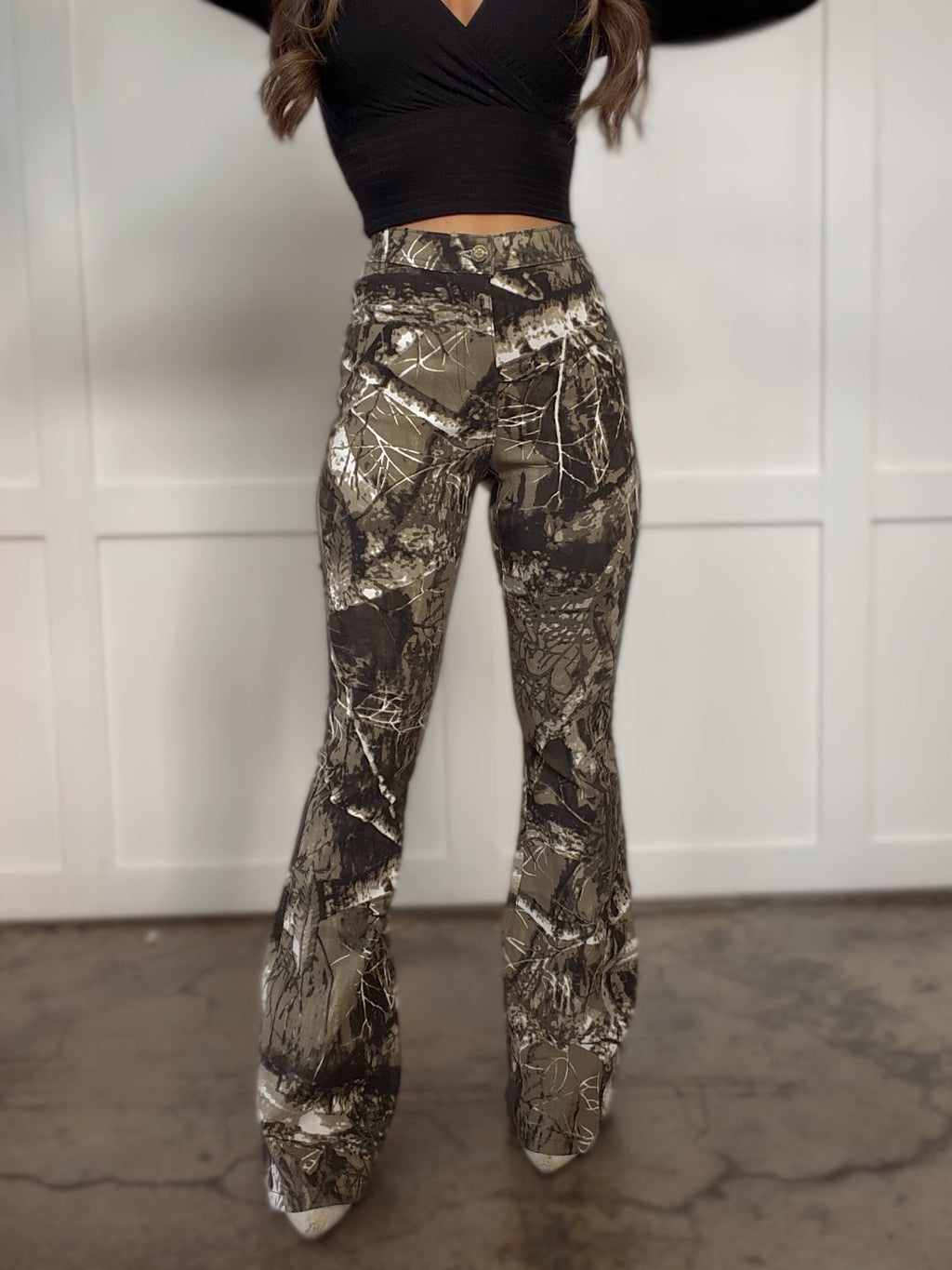 Fiona High Waisted Bell Bottom Flare Jeans - Moss Brown Camo