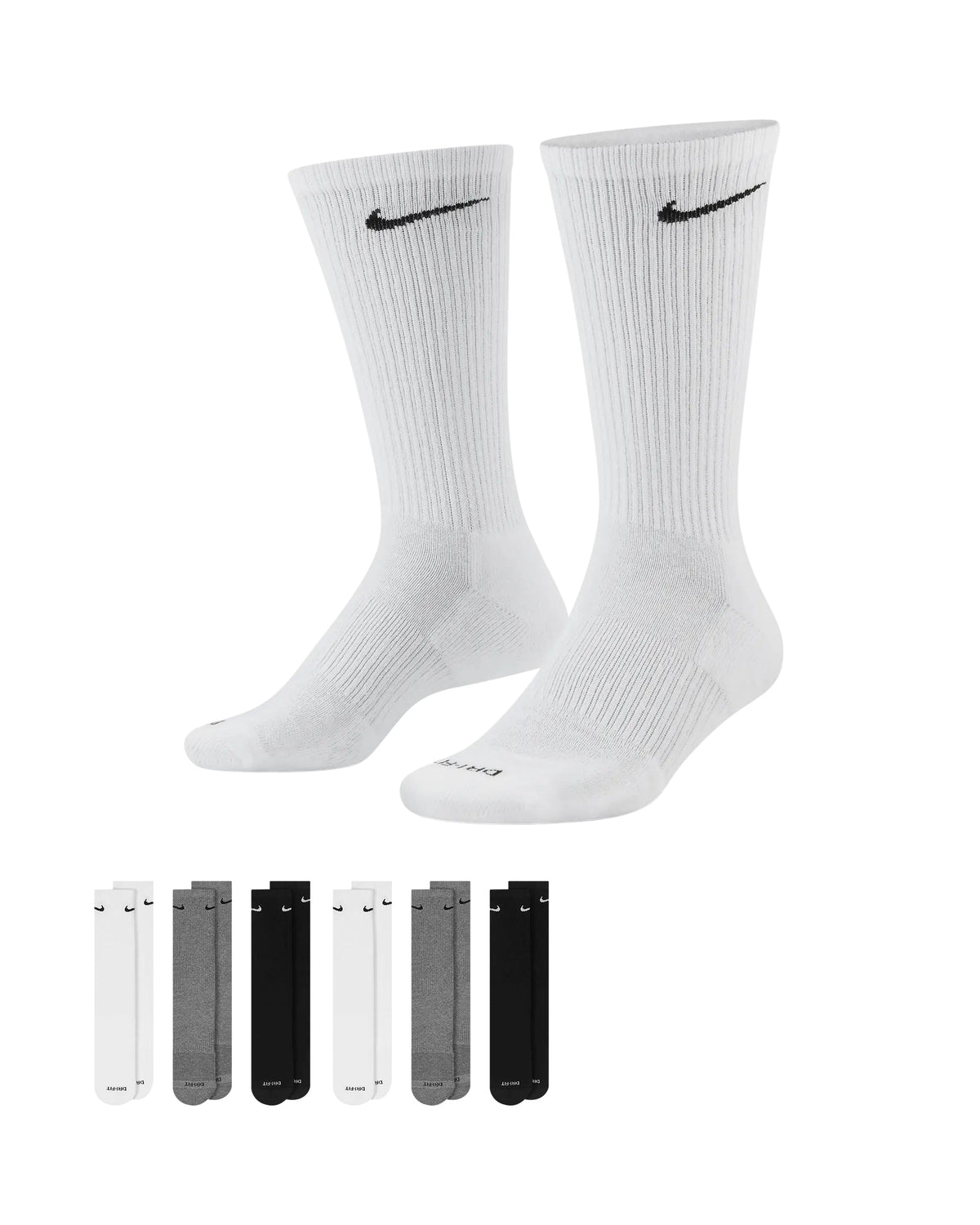 Nike Dri-Fit 6-Pack Cushioned Crew Socks - Black/Gray/White