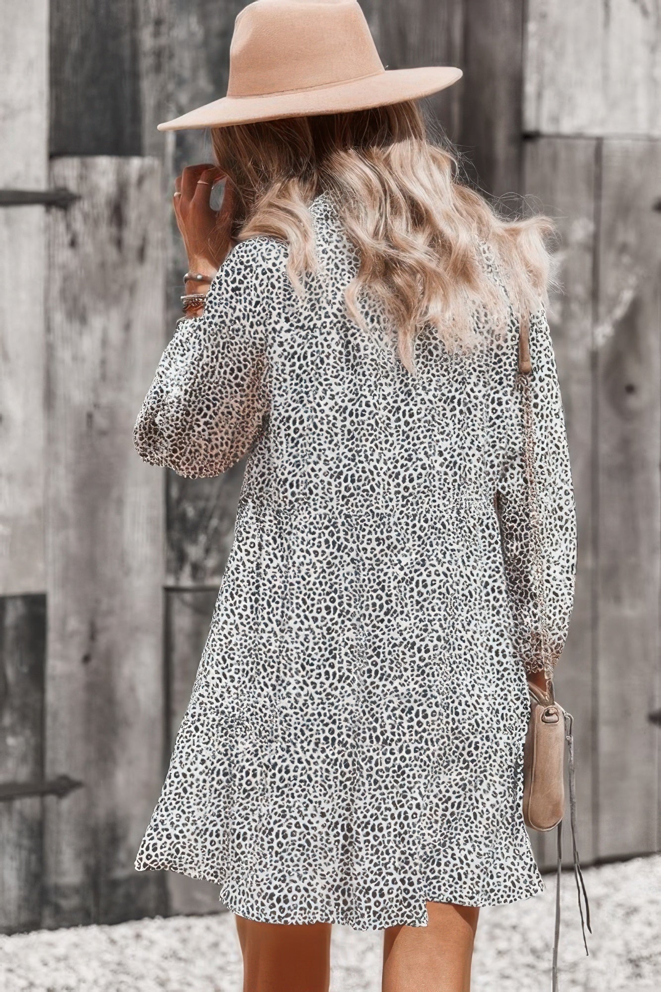 Animal Print Button Down A Line Lantem Sleeve Dress