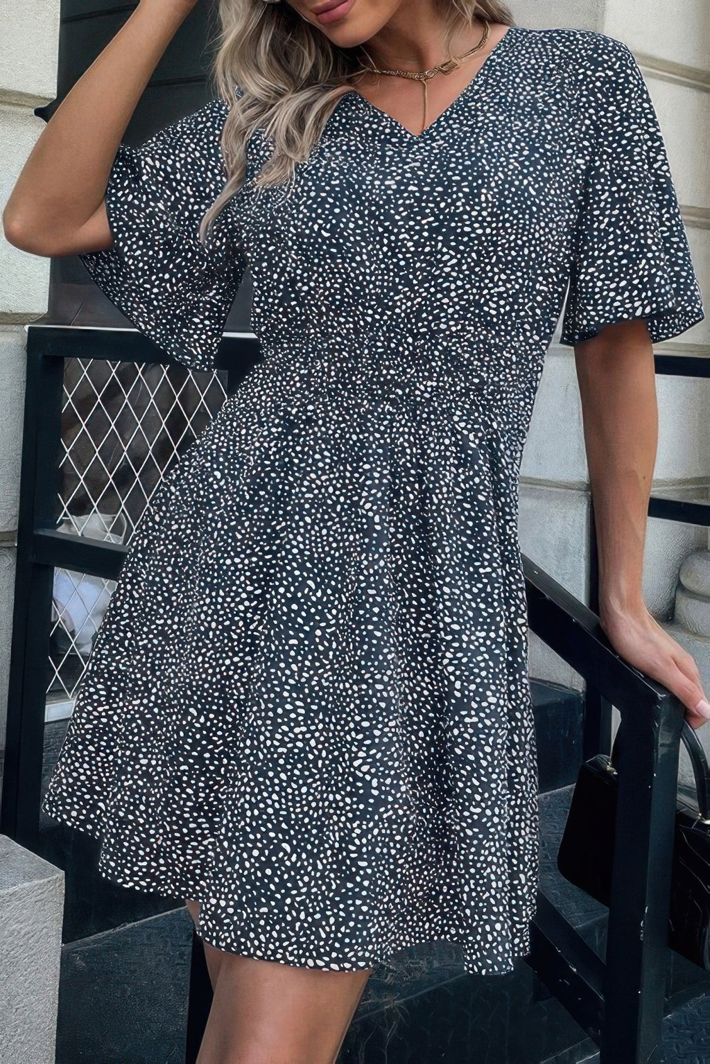 Allover Print V Neck Flounce Sleeve Fit Dress
