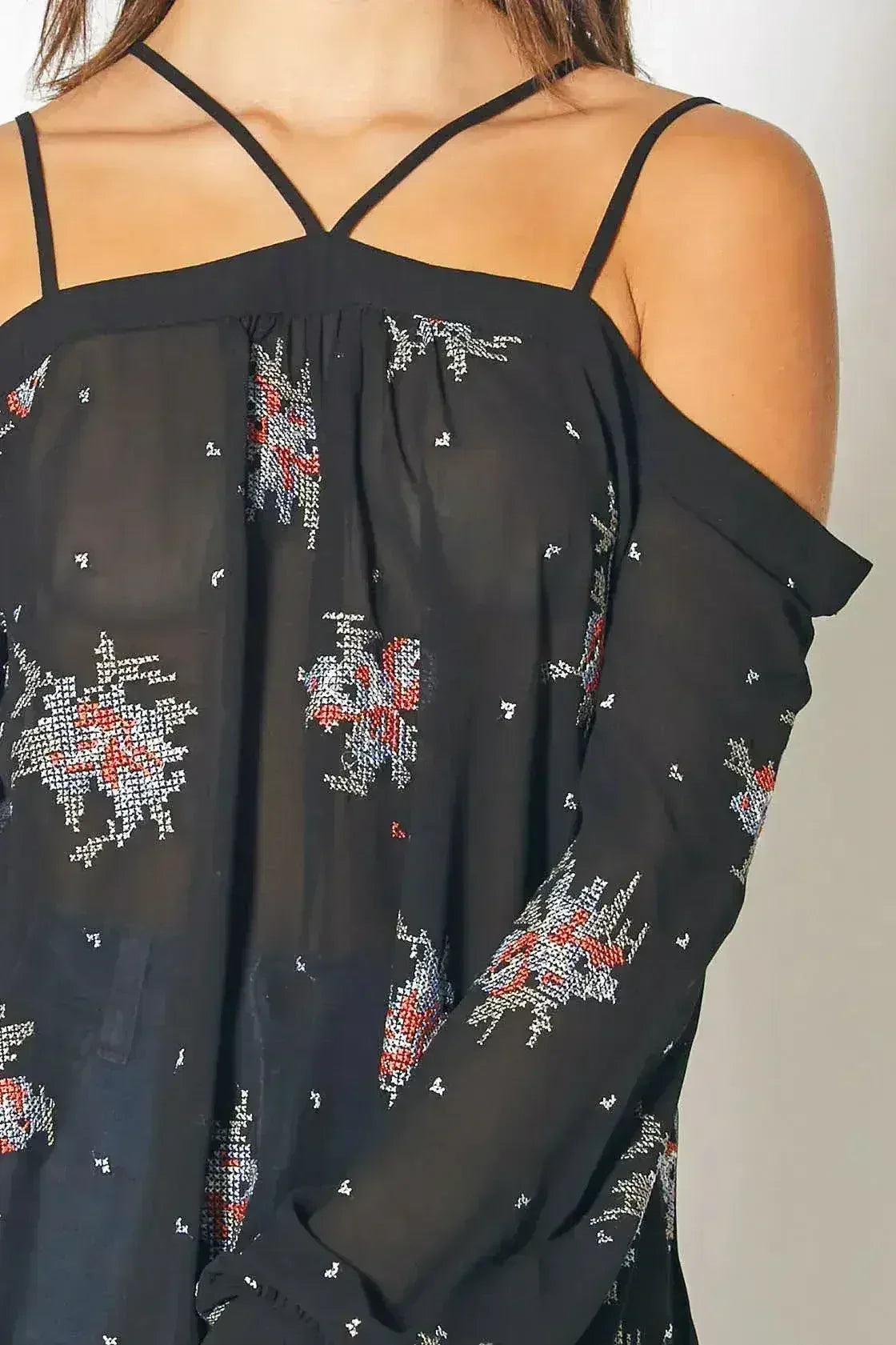 Off Shoulder Embroidery Print Blouse in Black | Femstylo