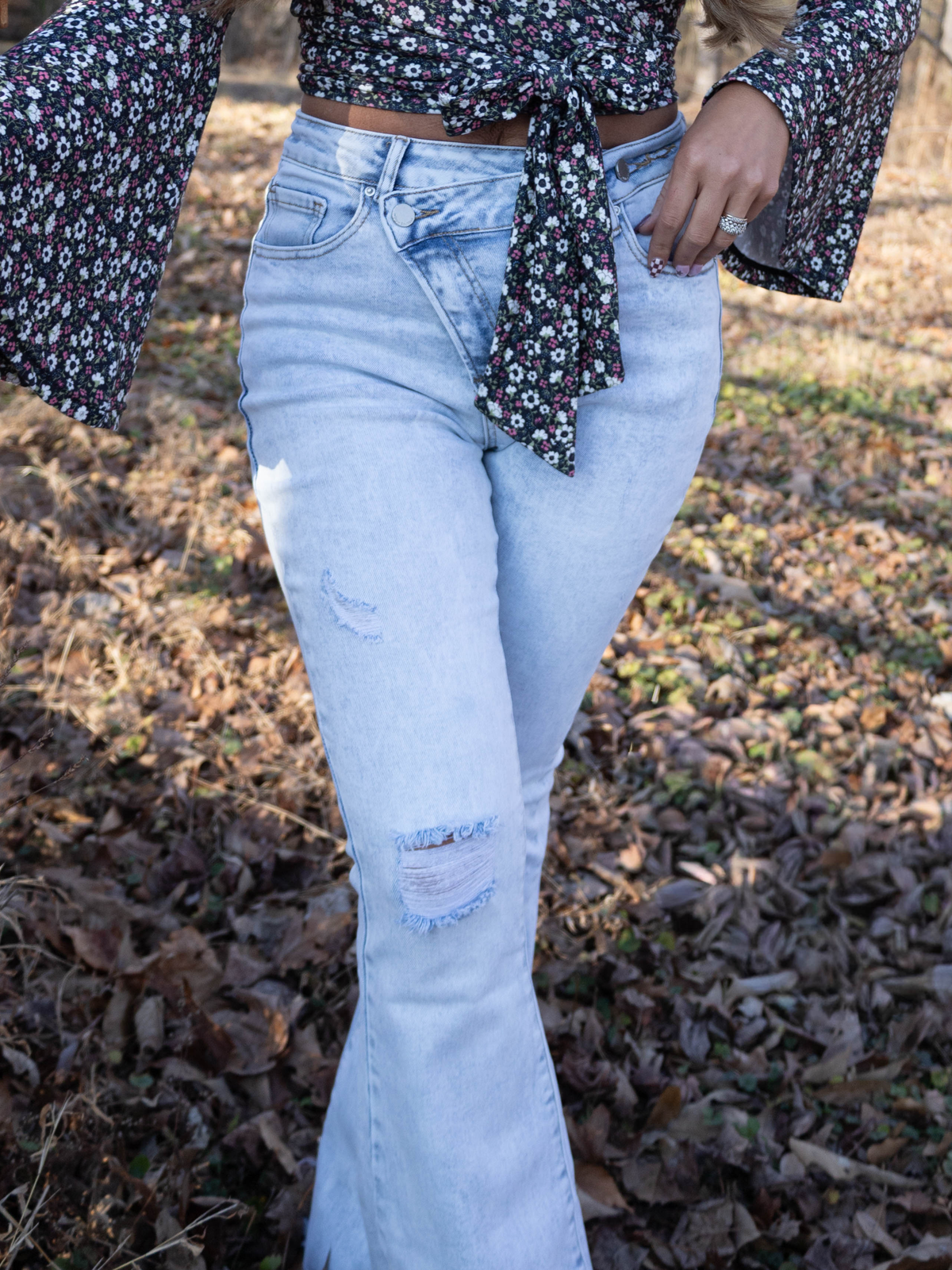 Lucy Asymmetrical Distressed Flare Jeans