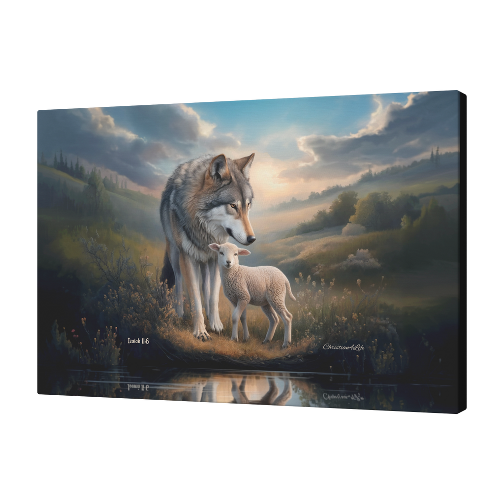 Wolf and Lamb Reflection, Christian Wall Art, Gallery Wrapped Canvas, Isaiah 11:6