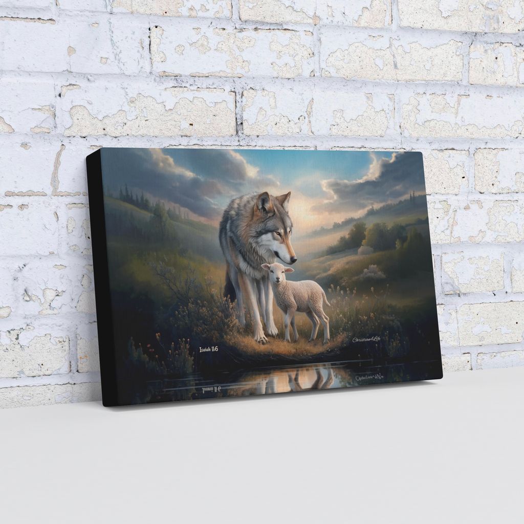 Wolf and Lamb Reflection, Christian Wall Art, Gallery Wrapped Canvas, Isaiah 11:6