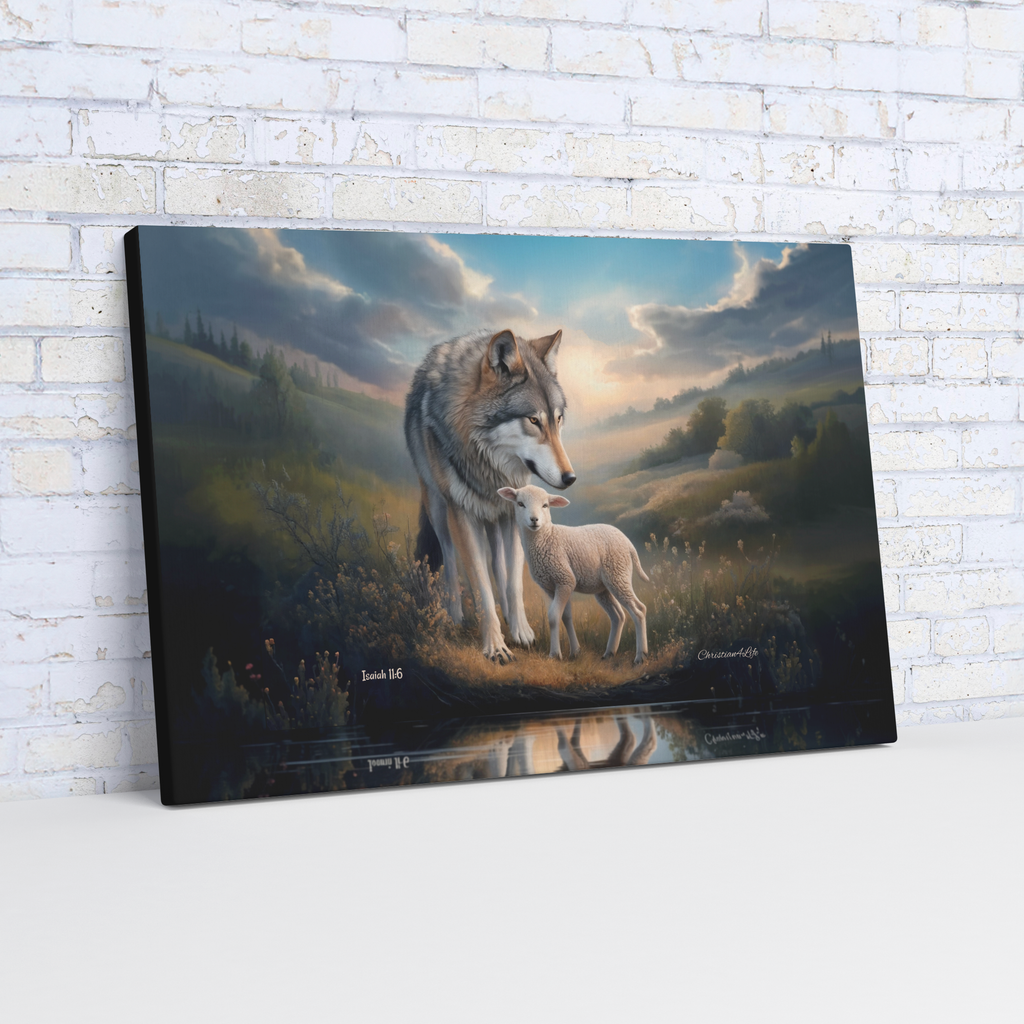 Wolf and Lamb Reflection, Christian Wall Art, Gallery Wrapped Canvas, Isaiah 11:6