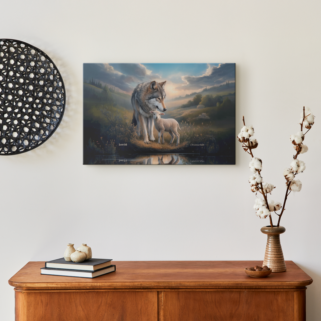 Wolf and Lamb Reflection, Christian Wall Art, Gallery Wrapped Canvas, Isaiah 11:6
