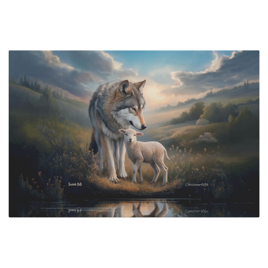 Wolf and Lamb Reflection, Christian Wall Art, Gallery Wrapped Canvas, Isaiah 11:6