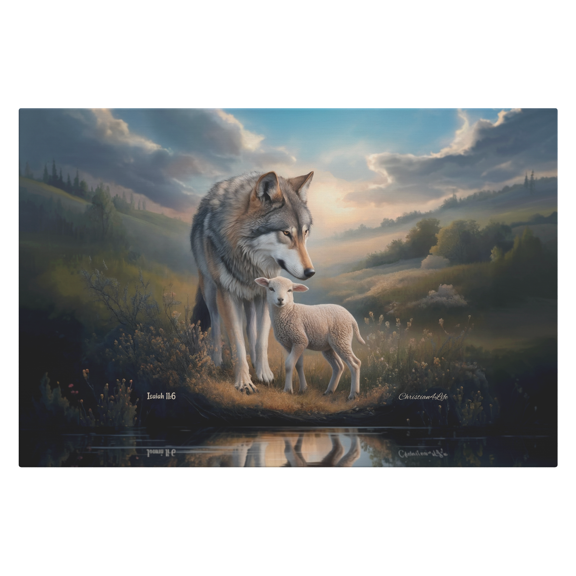 Wolf and Lamb Reflection, Christian Wall Art, Gallery Wrapped Canvas, Isaiah 11:6