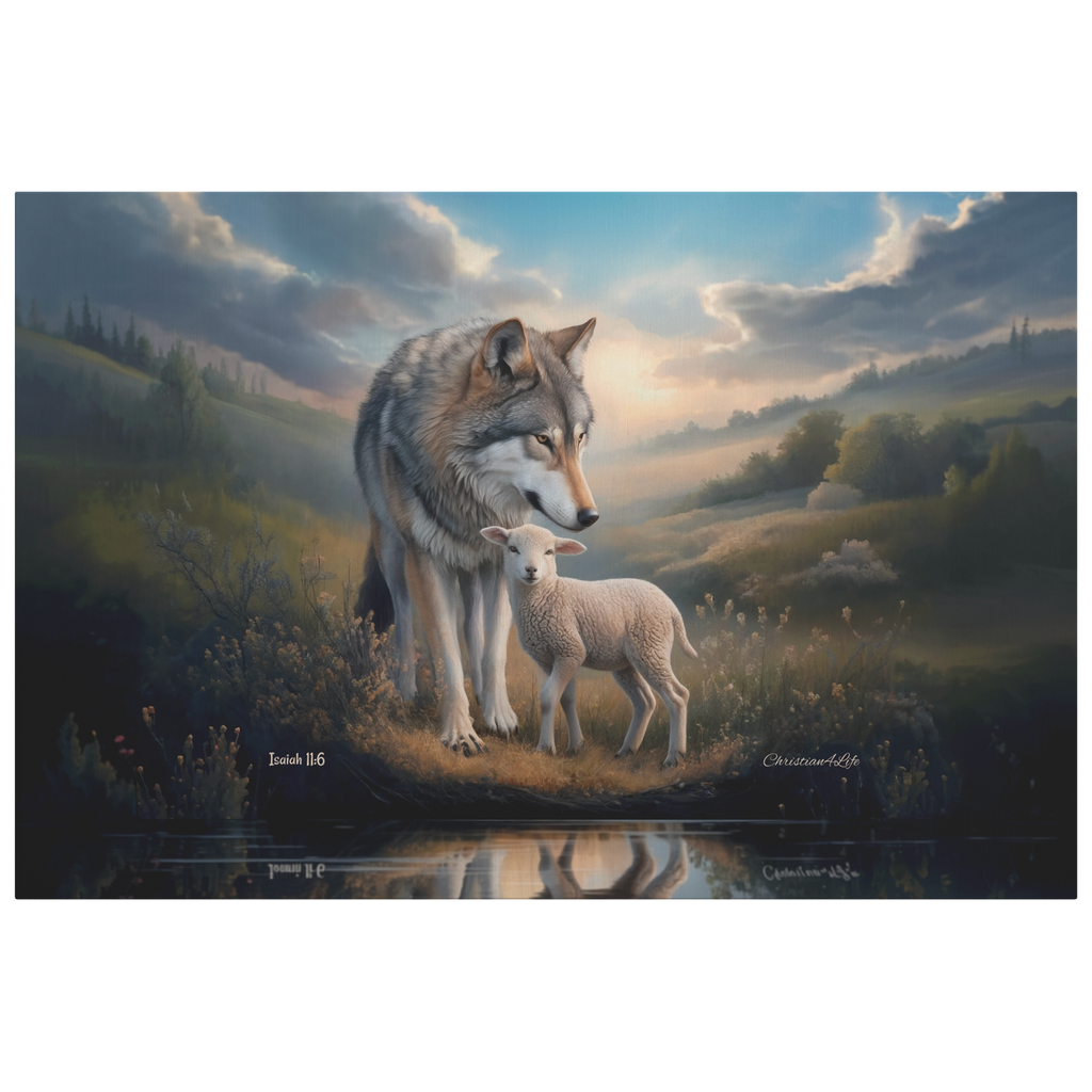 Wolf and Lamb Reflection, Christian Wall Art, Gallery Wrapped Canvas, Isaiah 11:6