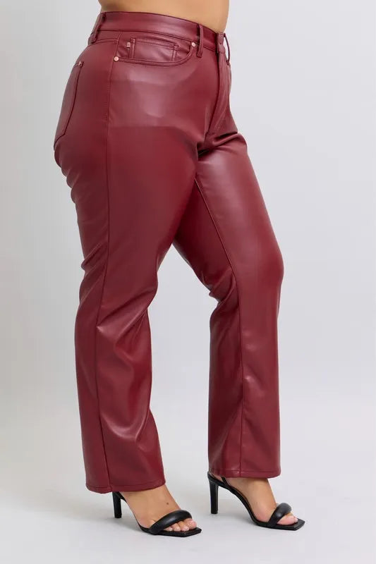 Full Size High Waist Tummy Control Faux Leather Straight Pants Plus Size