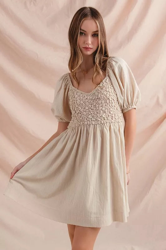 Textured Woven Daily Dress with Puff Sleeves