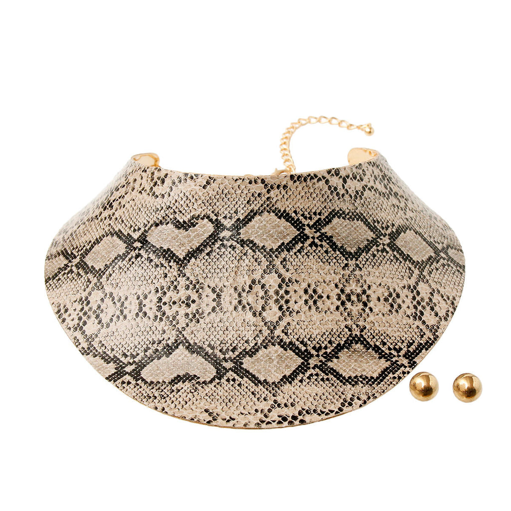 Statement Collar Choker Set with Ivory Snake Print, Trendy Fashion Jewelry