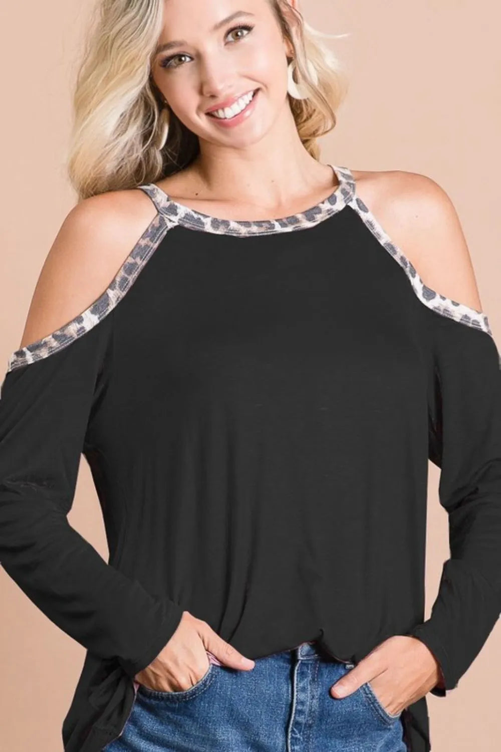 Jersey Knit Cold Shoulder Top with Leopard Neck