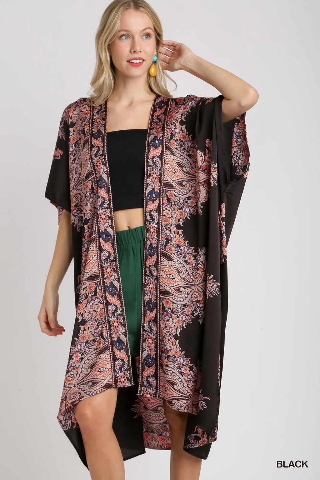 Satin Border Print Short Sleeve Open Front Kimono