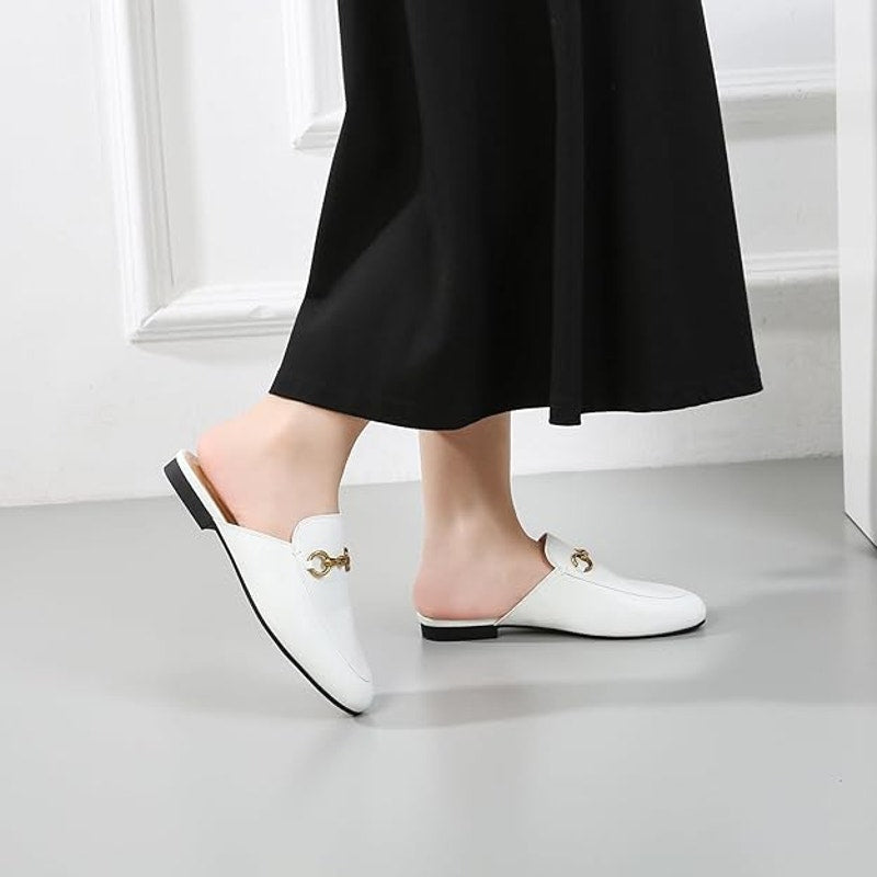 Vertundy Womens size 8.5 White Faux Leather Slide On Gold Buckle Loafers Shoes
