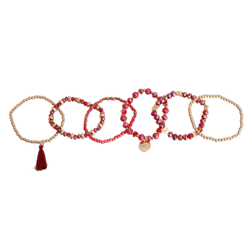Bracelets 6 pcs Burgundy Glass Stylish Layered Jewelry Set
