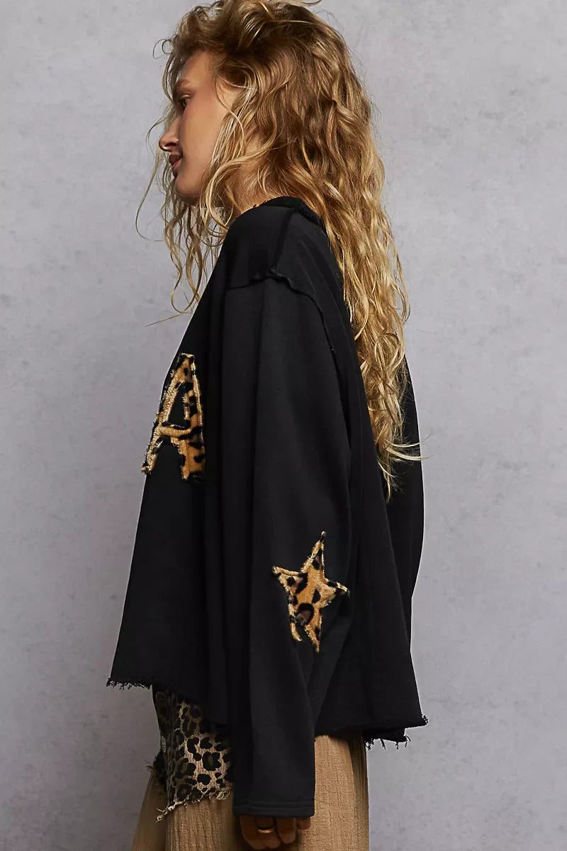 Round Neck Long Sleeve French Terry Sweatshirt with USA Letter Animal Patch