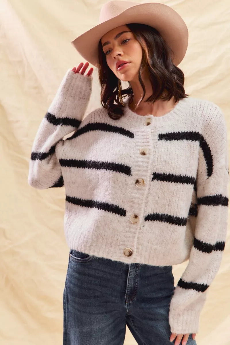 Stripe Soft Touch Button Cozy Sweater Cardigan