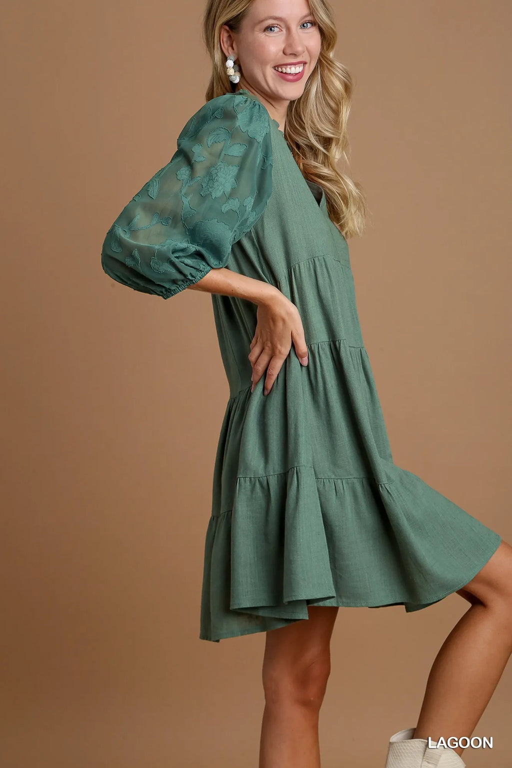 Floral Contrast Sleeve Tiered Dress