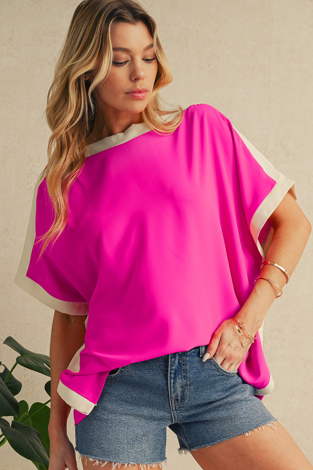 Rose Color Block Boat Neck Tunic Blouse