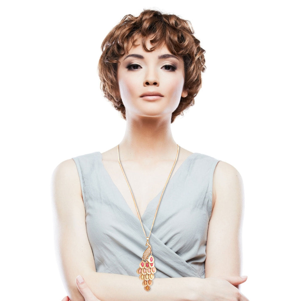 Statement Necklace Gold Pink Peacock Stylish Fashion Jewelry Accessory