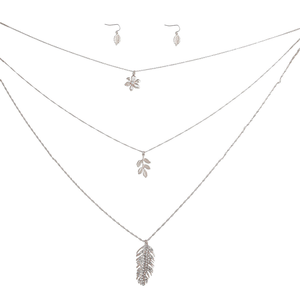 Layered Silver Leaf Chain Necklace 3-Layer Stylish Statement Jewelry
