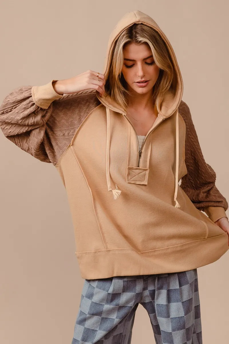 Half Zip French Terry Hoodie with Kint Sleeves