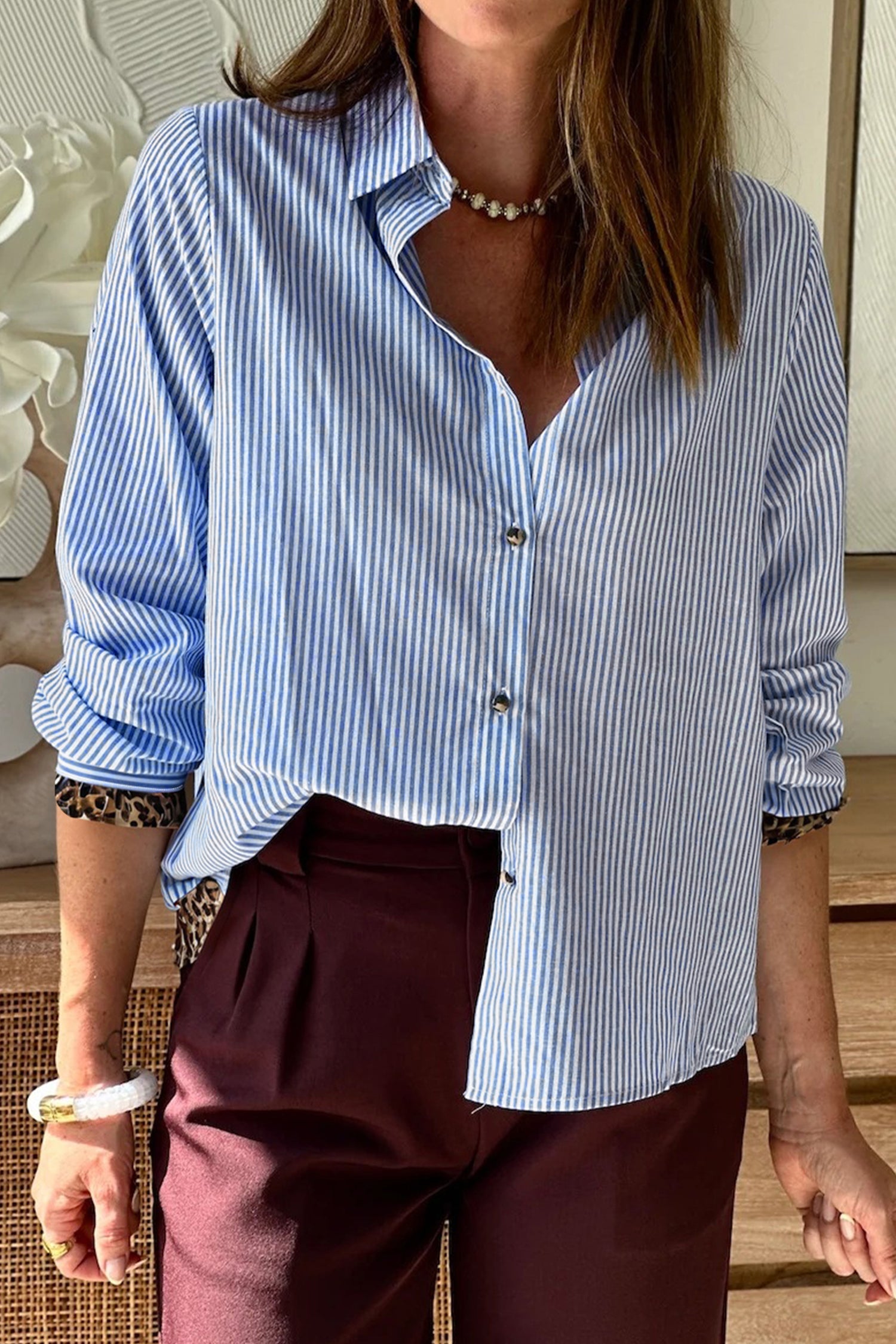 Sky Blue Stripe Contrast Frilled Leopard Trim Casual Long Sleeve Shirt