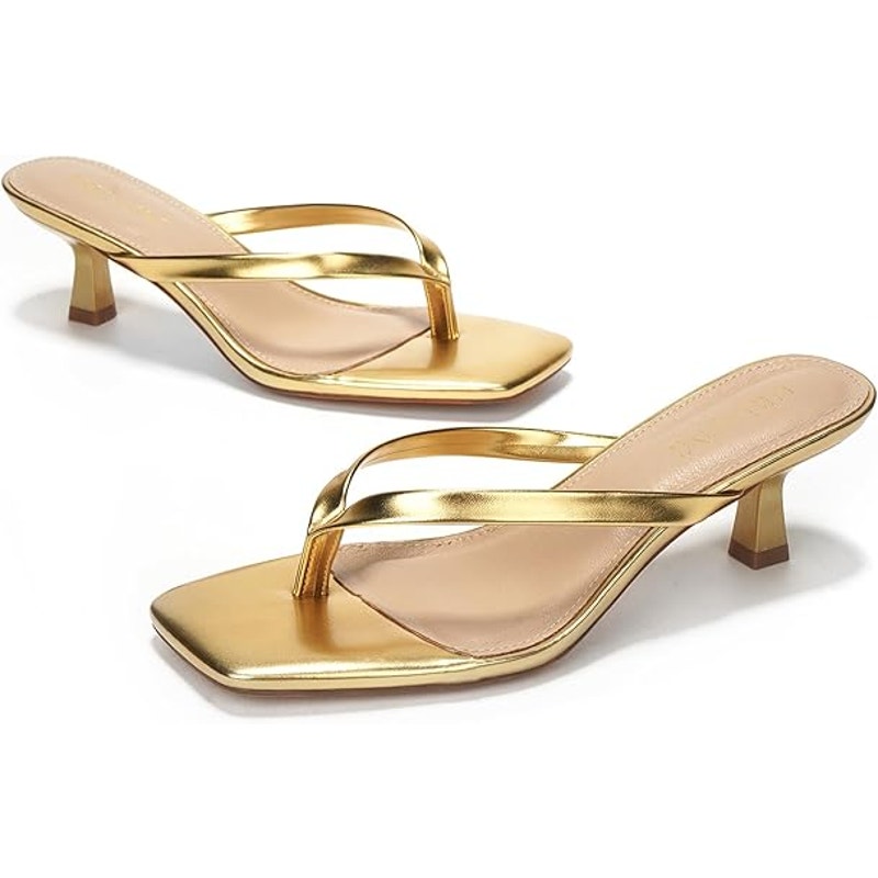 Lullasong Womens Size 10 Shiny Gold 2.5" Heel Slide On Flip Flop Sandal Shoes