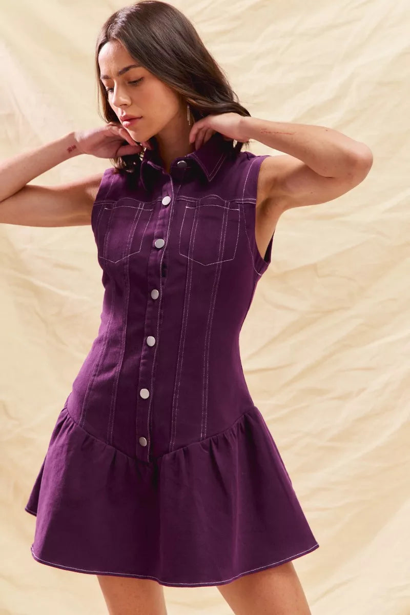 Button Down Sleeveless Collared Game Day Mini Dress