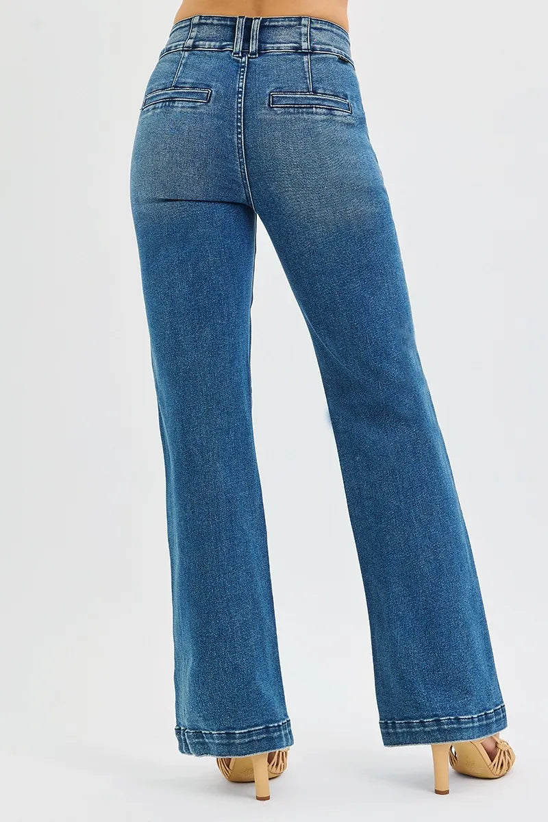 Full Size Tummy Control High Rise Bootcut Jeans with Double Button Waistband Plus Size