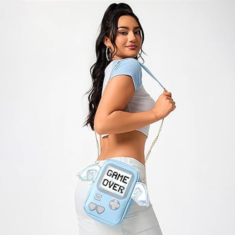 Engoinin Game Over Gamer Themed Blue Rainbow Wings Chain Crossbody Bag Purse