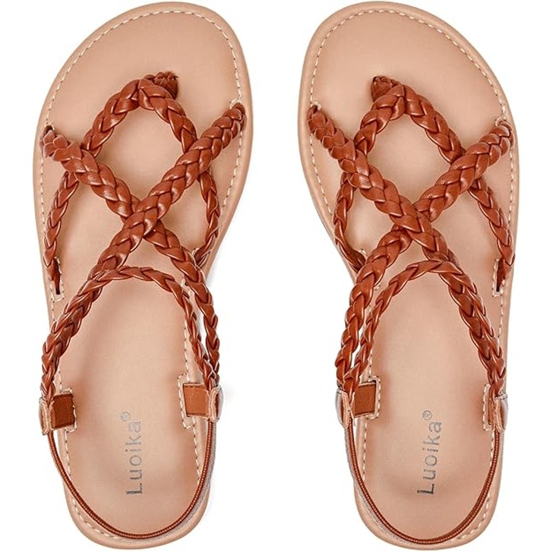 New Luoika Womens 8.5W Wide Brown Braided Strap Opent Toe Flat Sandals Shoes