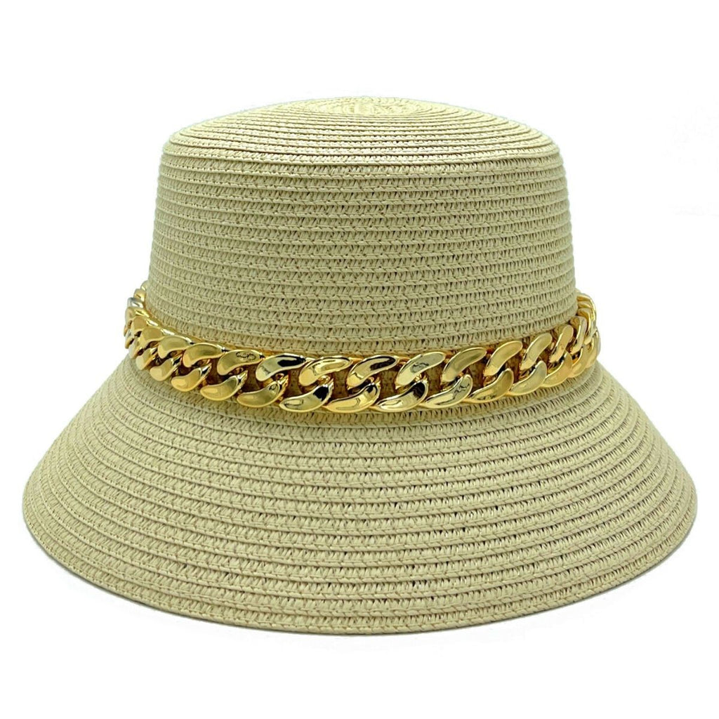 Bucket Hat Beige with Gold Chain Trendy Fashion Accessory