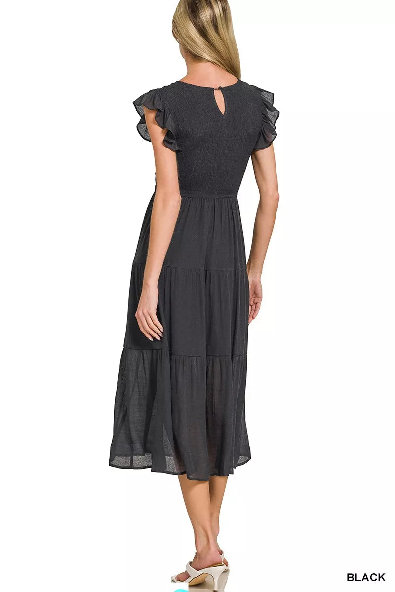 Woven Smocked Ruffle Sleeve Midi Dress
