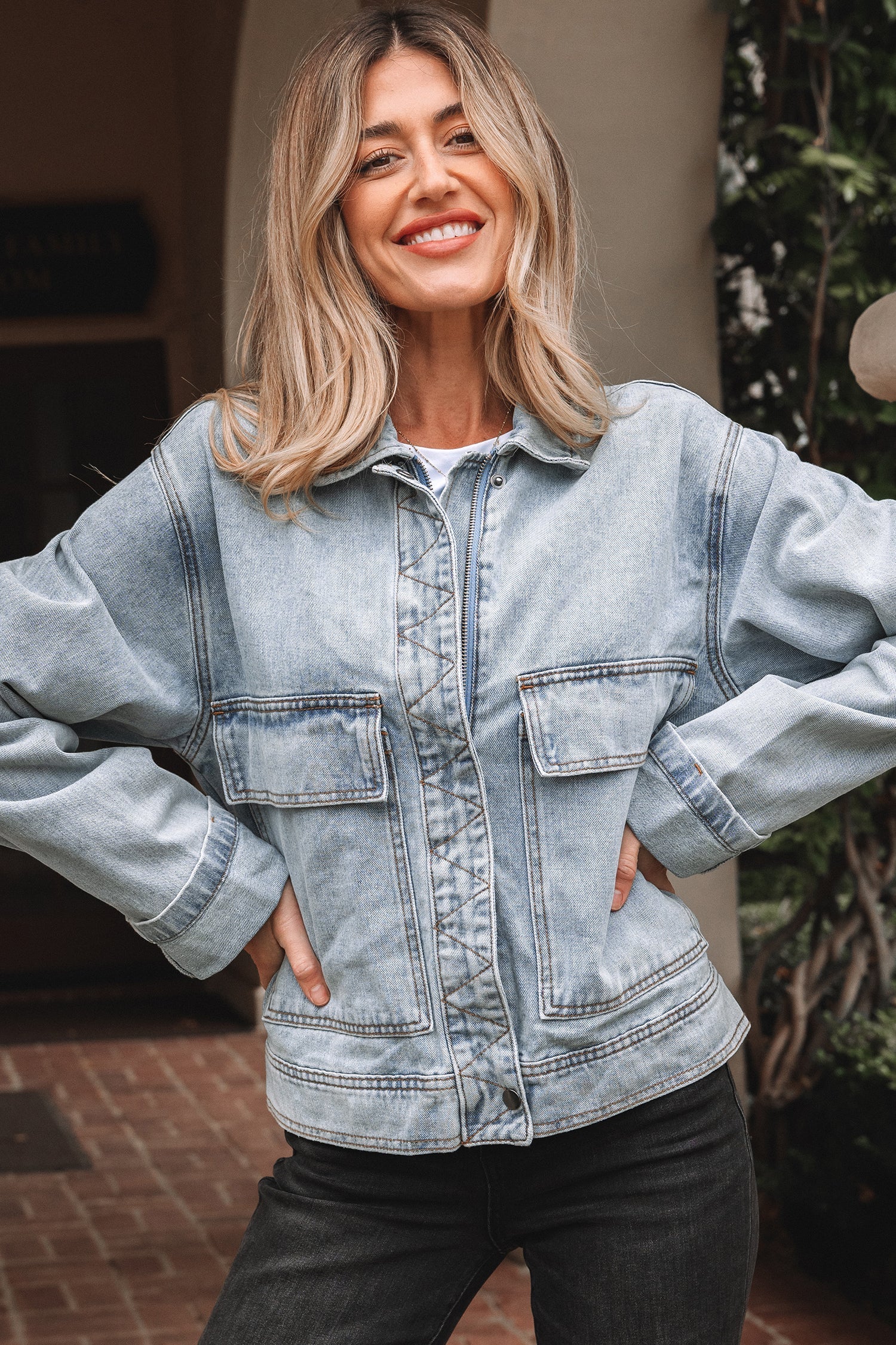 Beau Blue Street Style Zip Up Washed Denim Jacket