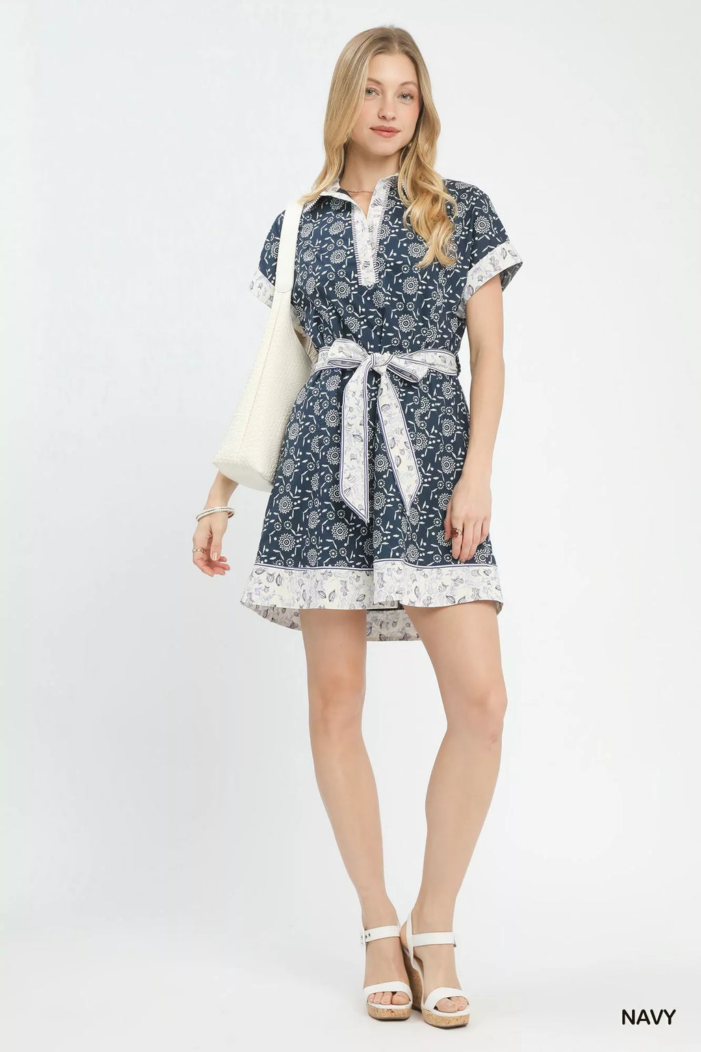 Border Print Belted Shirt Dress