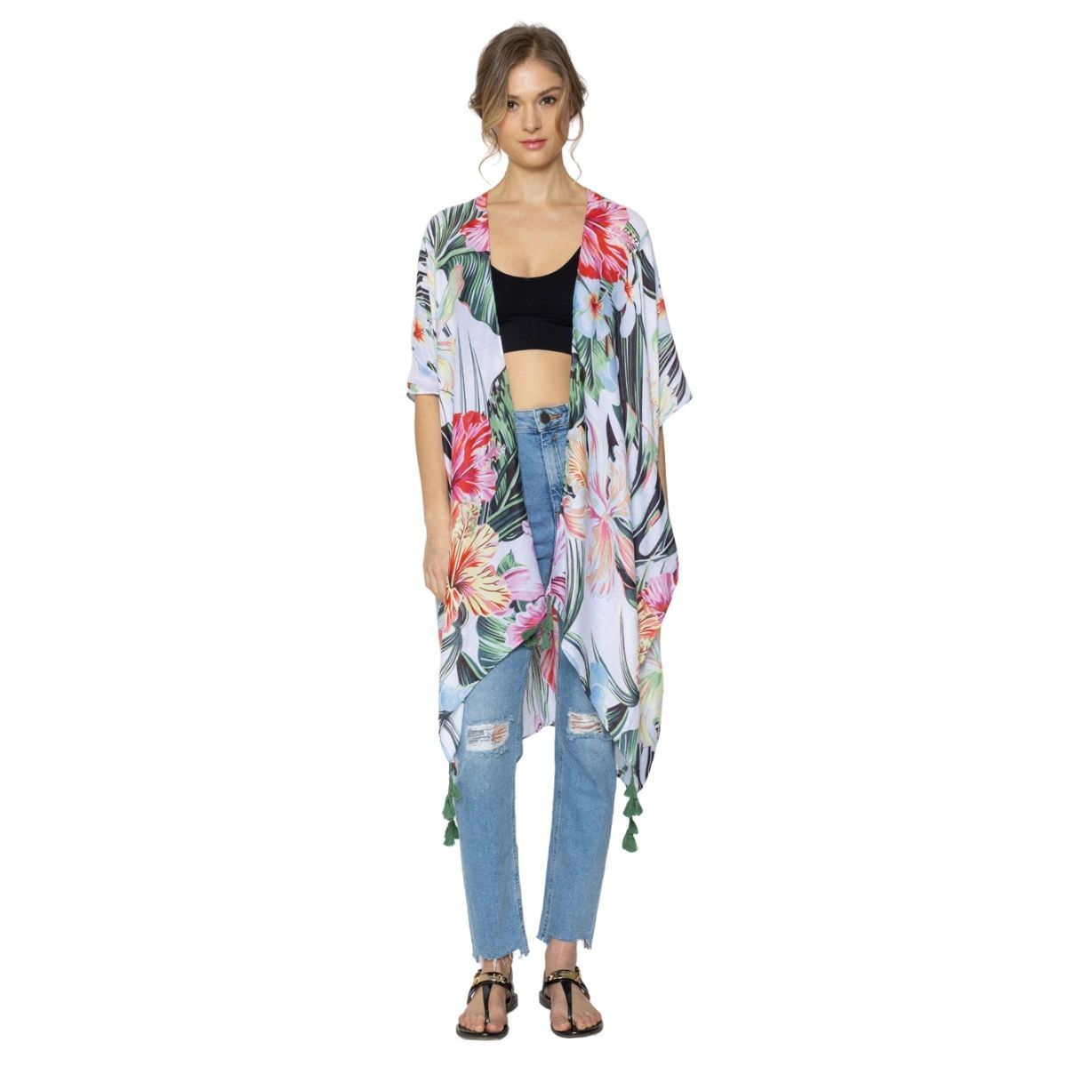 Women’s Kimono Tropical Green Tassel Stylish Casual Layered Cover-Up