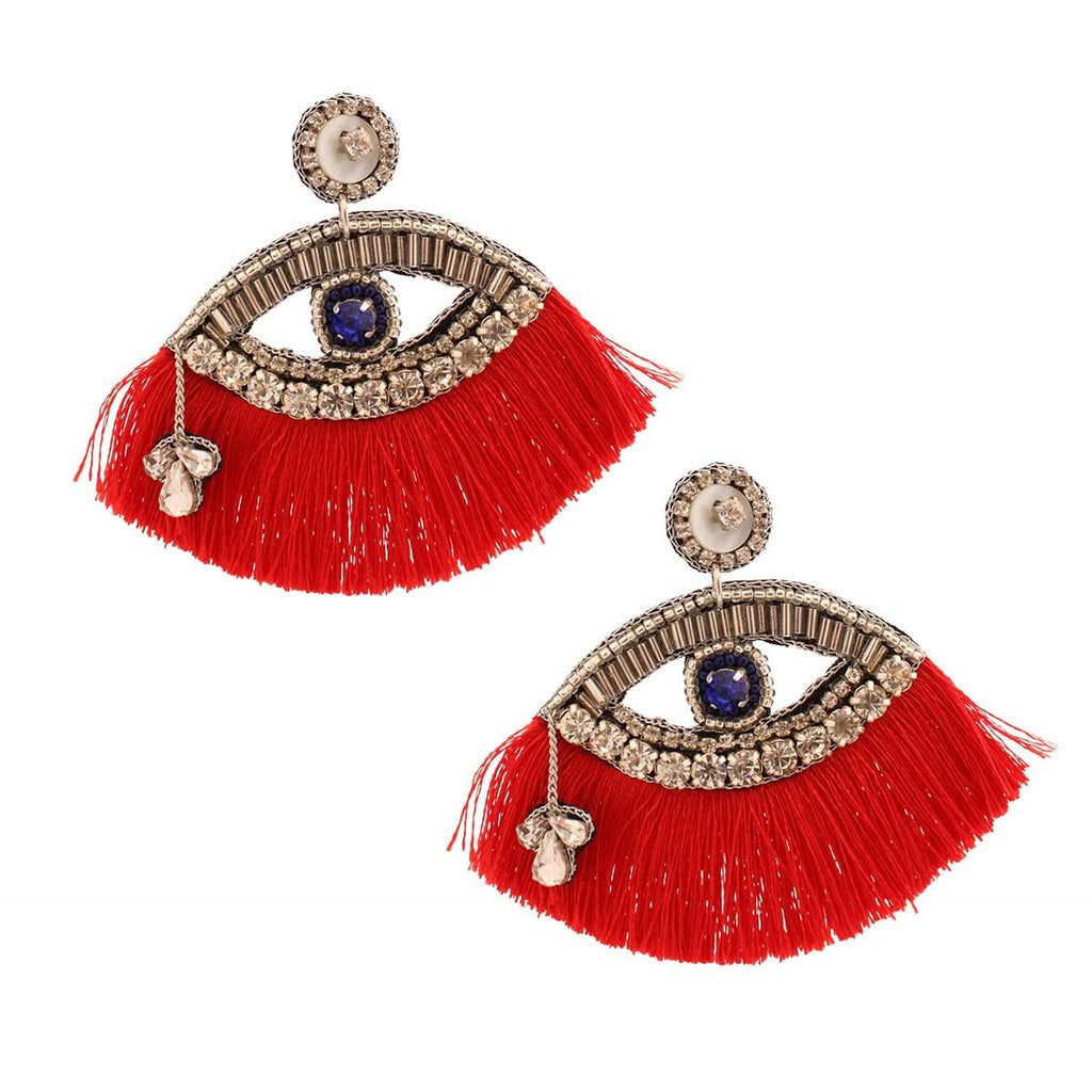 Statement Red Tassel Rhinestone Eye Earrings Stylish Fashion Jewelry