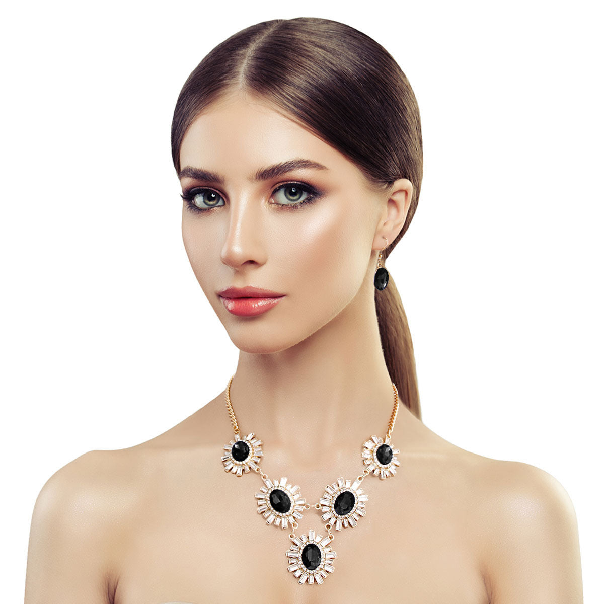Pendant Necklace Set Black Flower Stylish Statement Jewelry