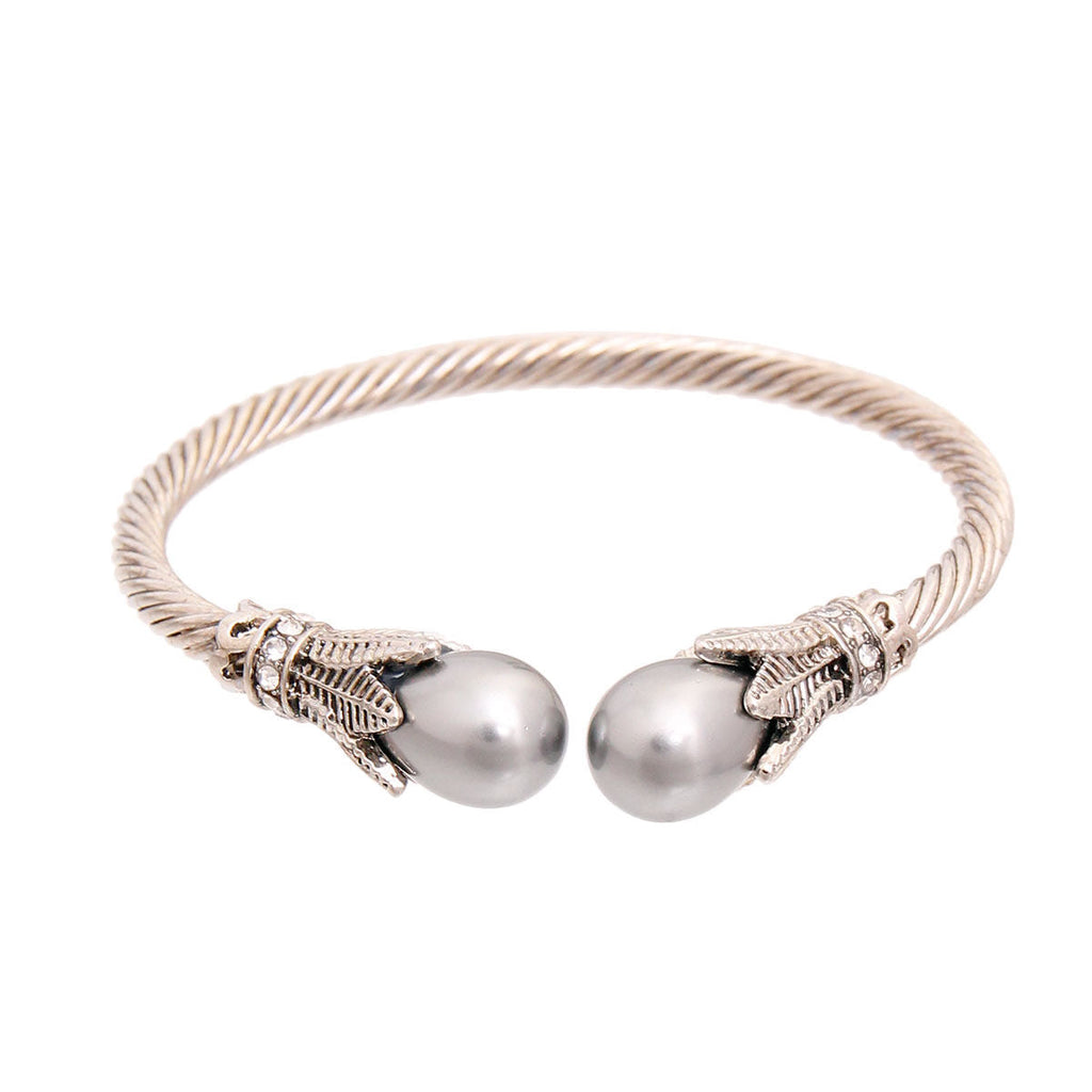 Cable Bangle Bracelet with Gray Pearl Leaf Accent – Stylish Statement Jewelry