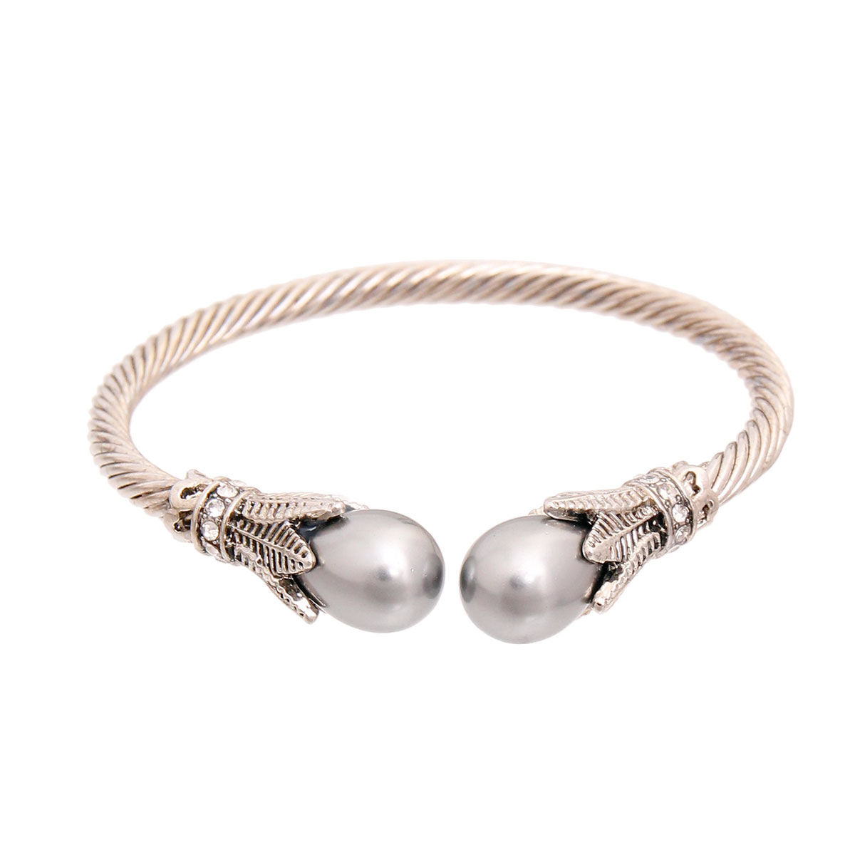 Cable Bangle Bracelet with Gray Pearl Leaf Accent – Stylish Statement Jewelry
