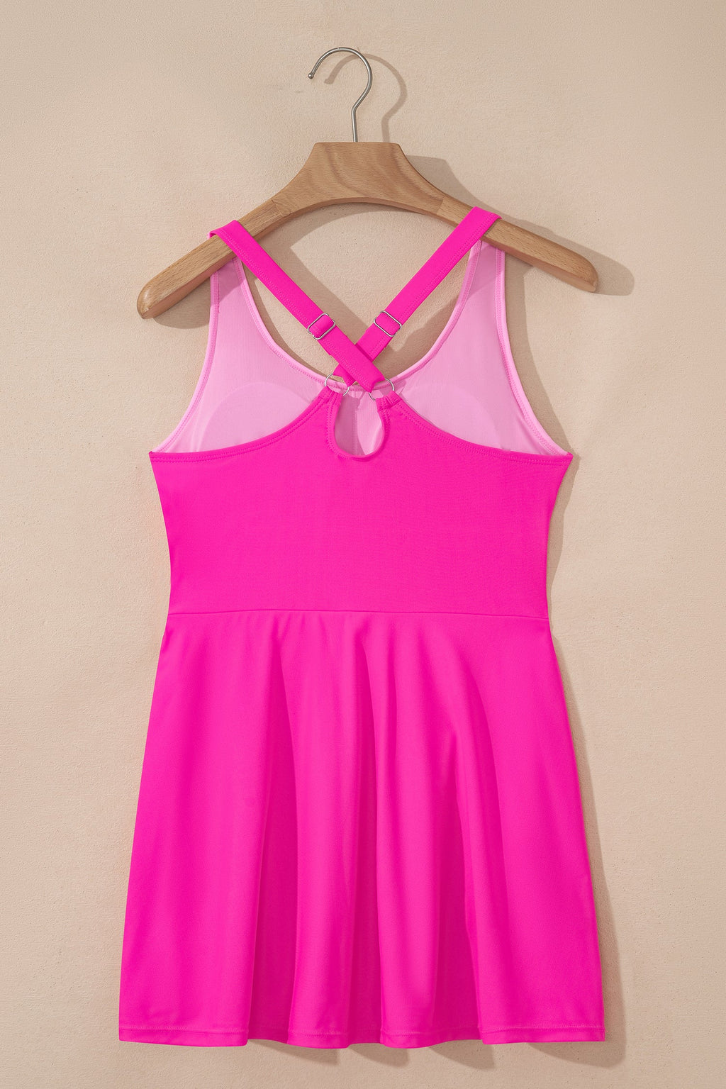 Rose Red Contrast Trim Neckline Active Shorts Attached One Piece Swim Dress