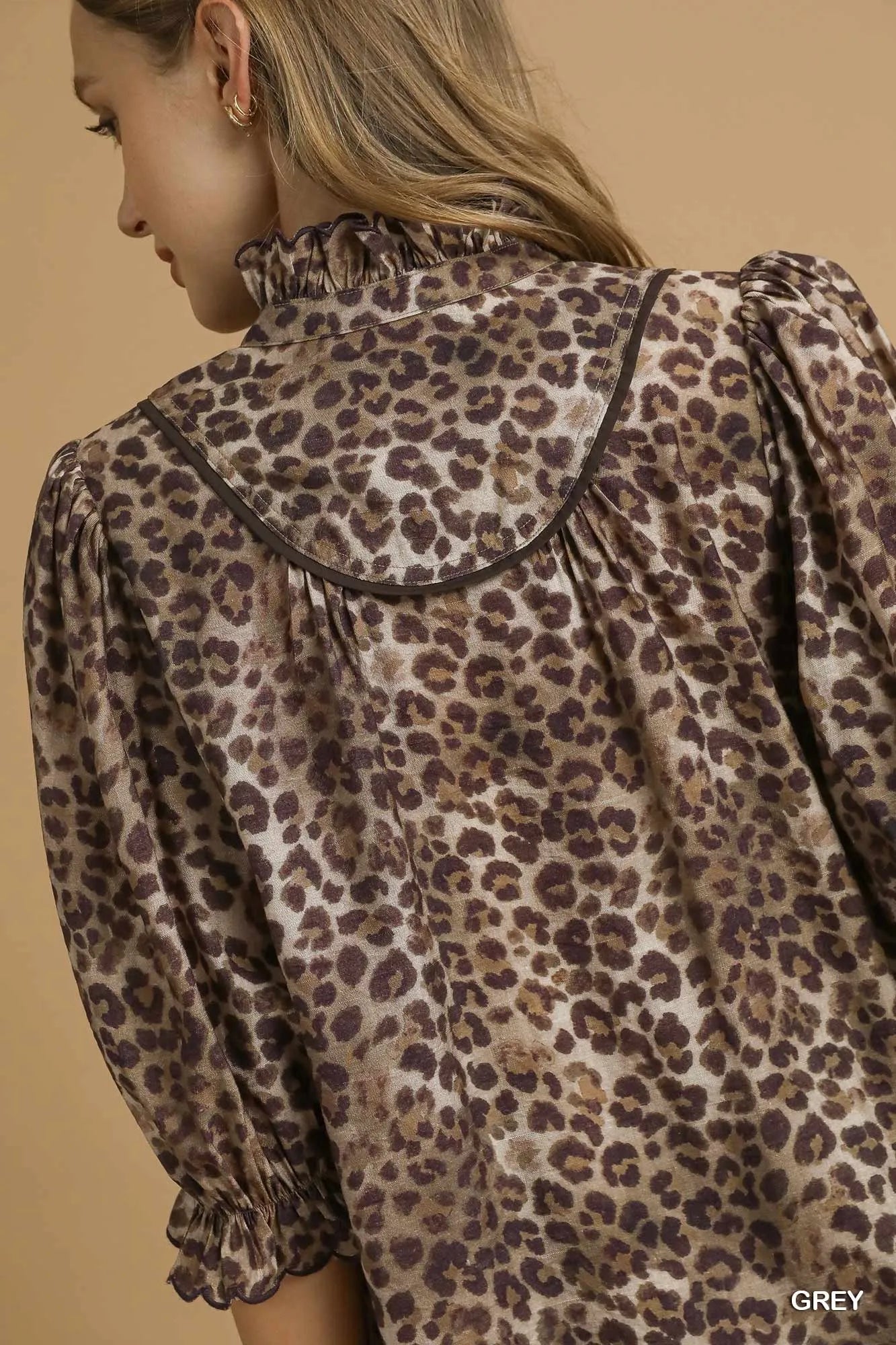 Leopard Print Ruffle Neck Blouse